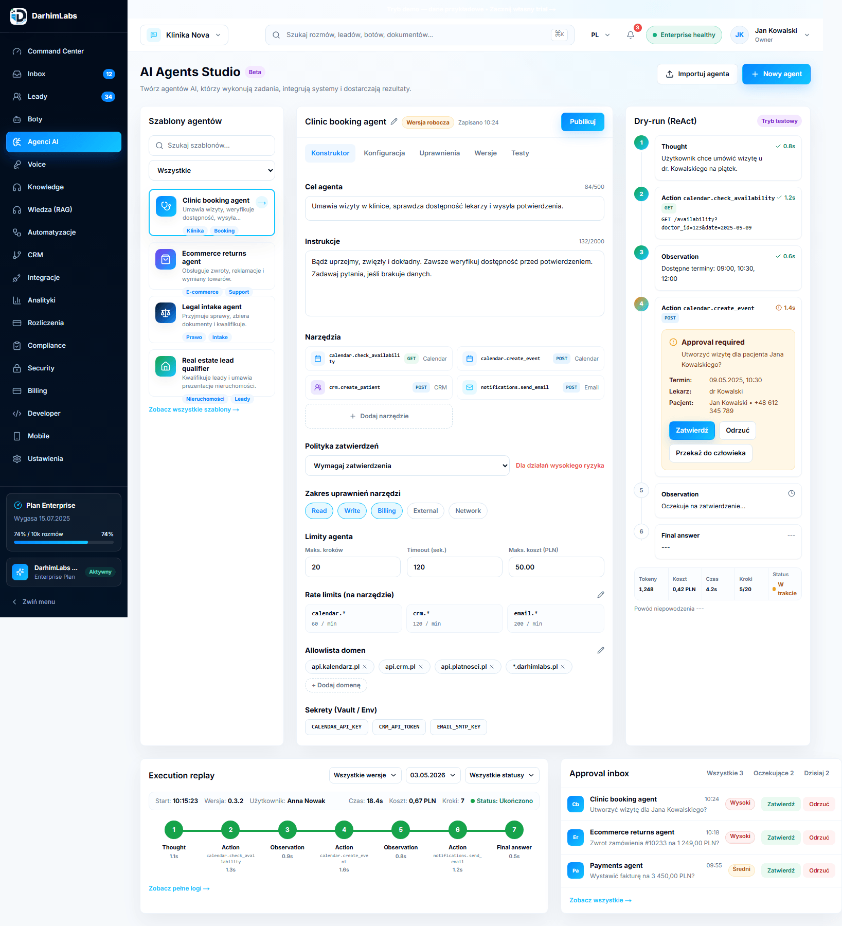 Widok DarhimLabs AI Agents Studio z szablonami, konstruktorem i dry-run ReAct